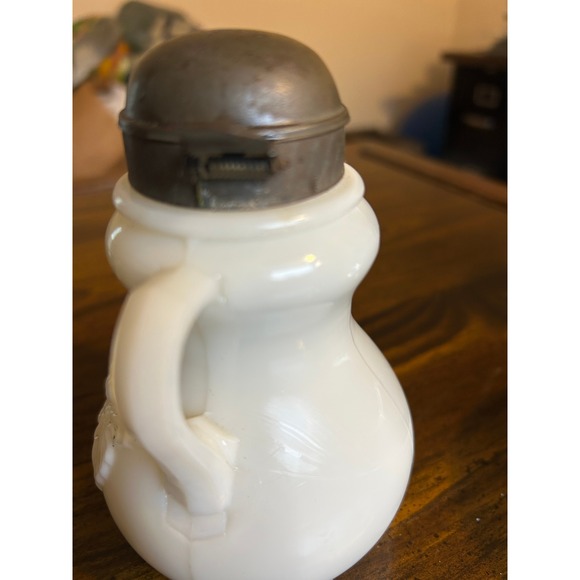 Vintage Milk Glass Pitcher Creamer Grapes Embossed Metal Lid - Picture 3 of 4